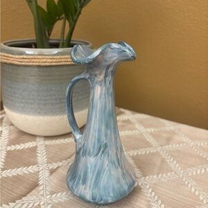 Handmade Blue Ceramic Pitcher Pottery Vase Artist Signed “Jean’s Flowers”